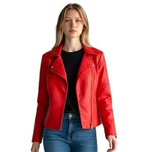CHIC ME Y2K Dazzling Cropped Red Moto Jacket Trendy Medium Tapered Faux Leather